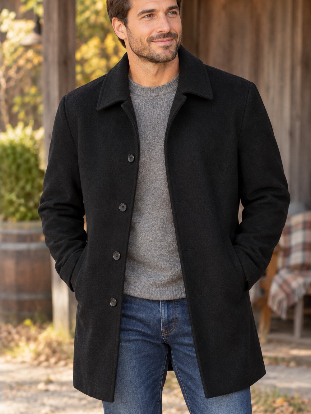 Stafford Black Wool-Blend Pea Coat